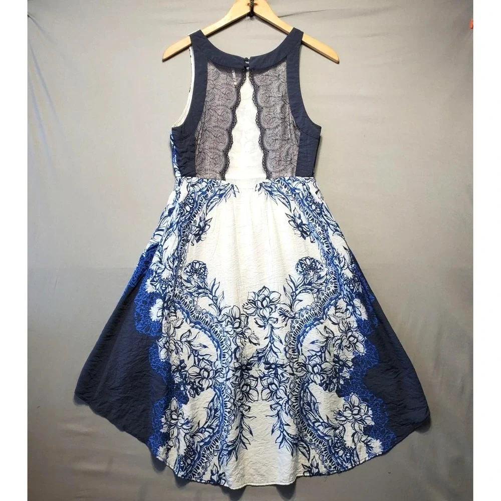 Free People Blue White Toile High Low Dress Lace Back Cottagecore Coastal Boho S